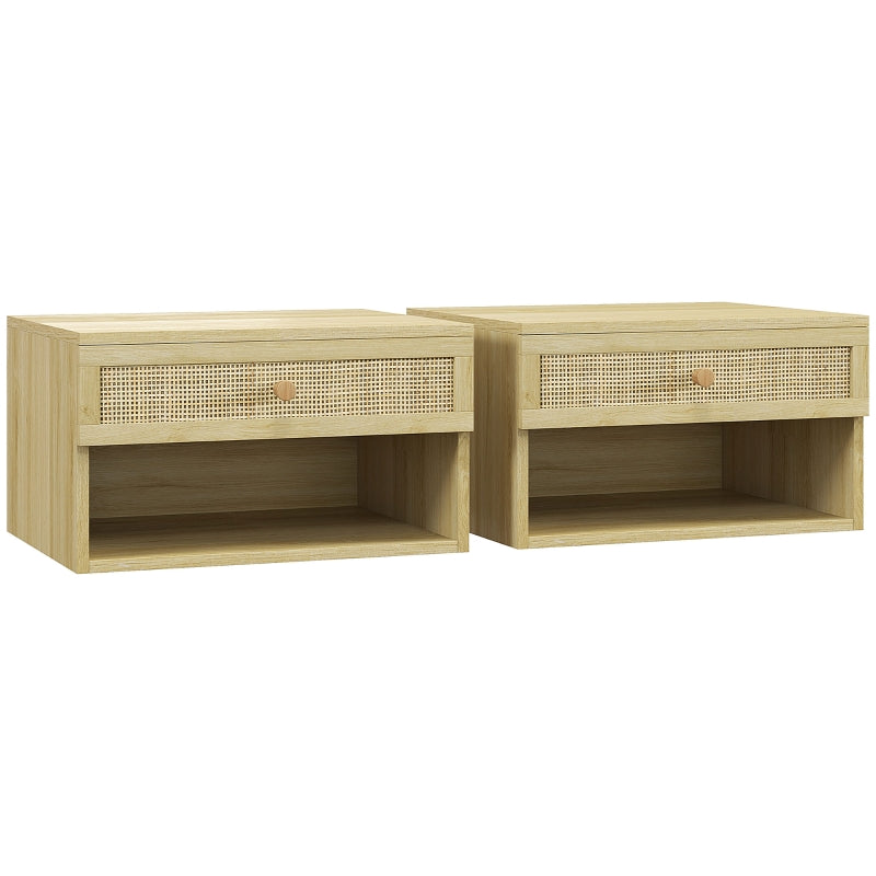 Set of two natural floating bedside tables with rattan drawer fronts and open shelves on a white background