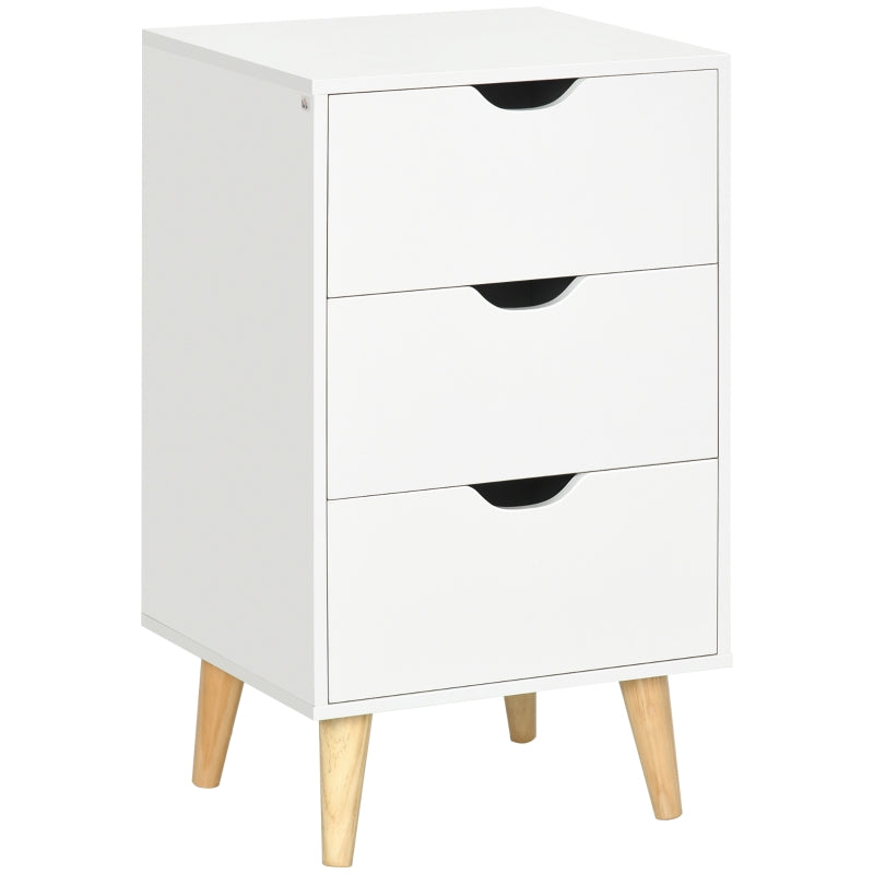 White three-drawer bedside table with wooden legs