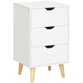 White three-drawer bedside table with wooden legs