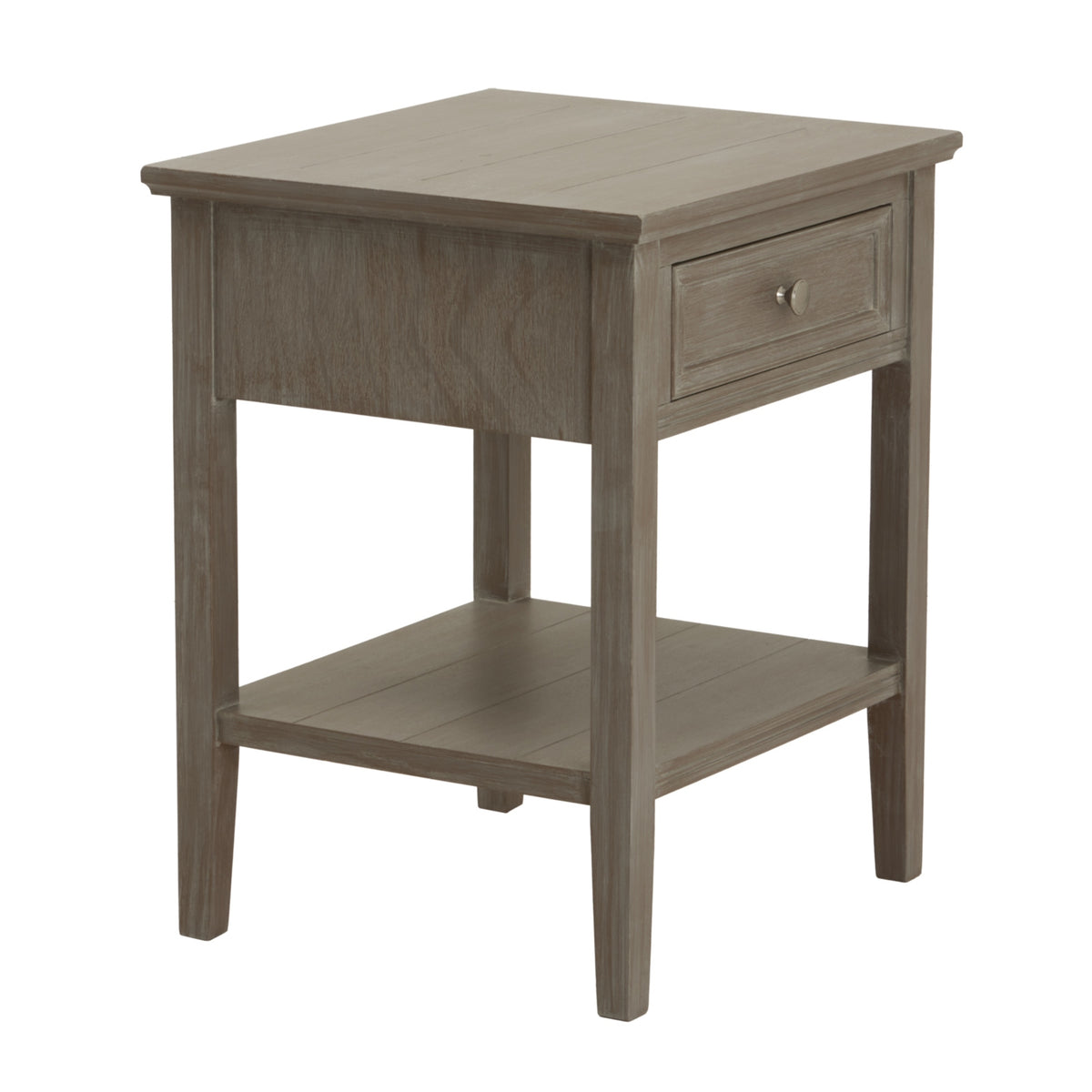 Serene one drawer side table with lower shelf, grey-washed finish, three-quarter view, 48 x 43 x 59 cm
