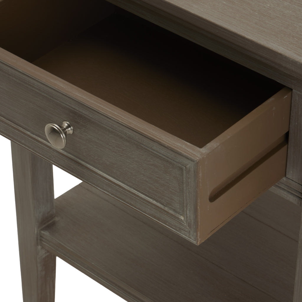 Open drawer of the Serene side table showing the wood drawer box