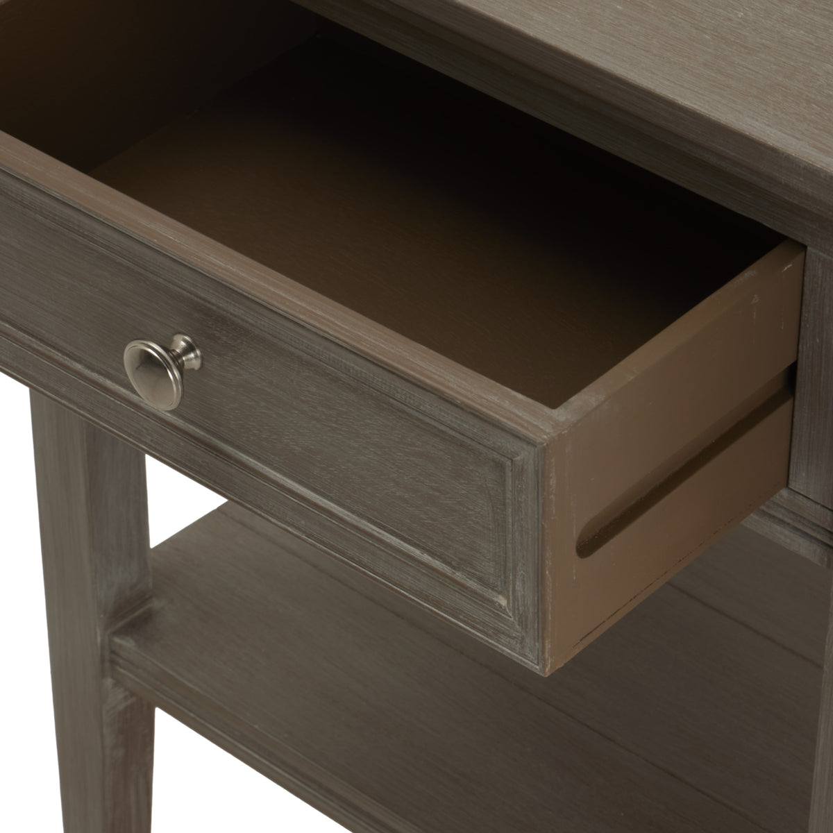 Open drawer of the Serene side table showing the wood drawer box