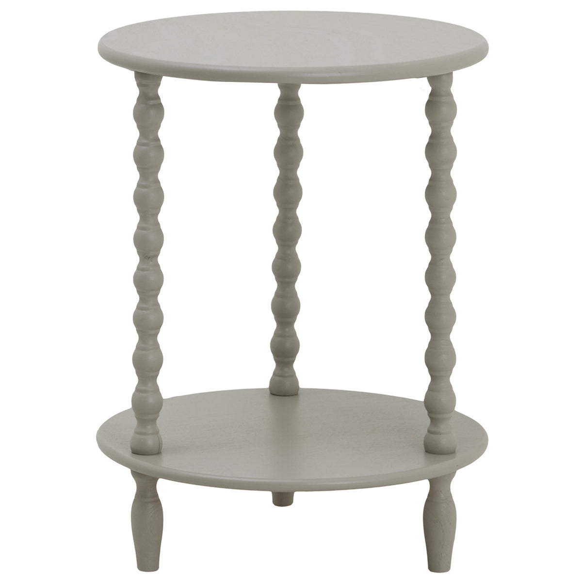 Camden round two-tier side table with bobbin legs in pale grey, 45 x 45 x 60 cm
