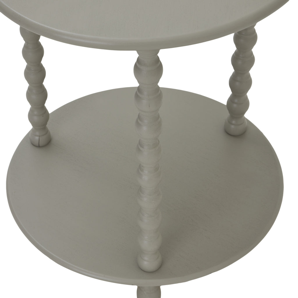 Lower round shelf and bobbin legs of the Camden side table