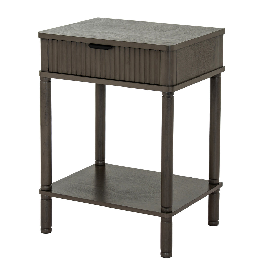 Reed collection one drawer side table with fluted drawer front and lower shelf, three-quarter view, 45 x 35 x 61 cm