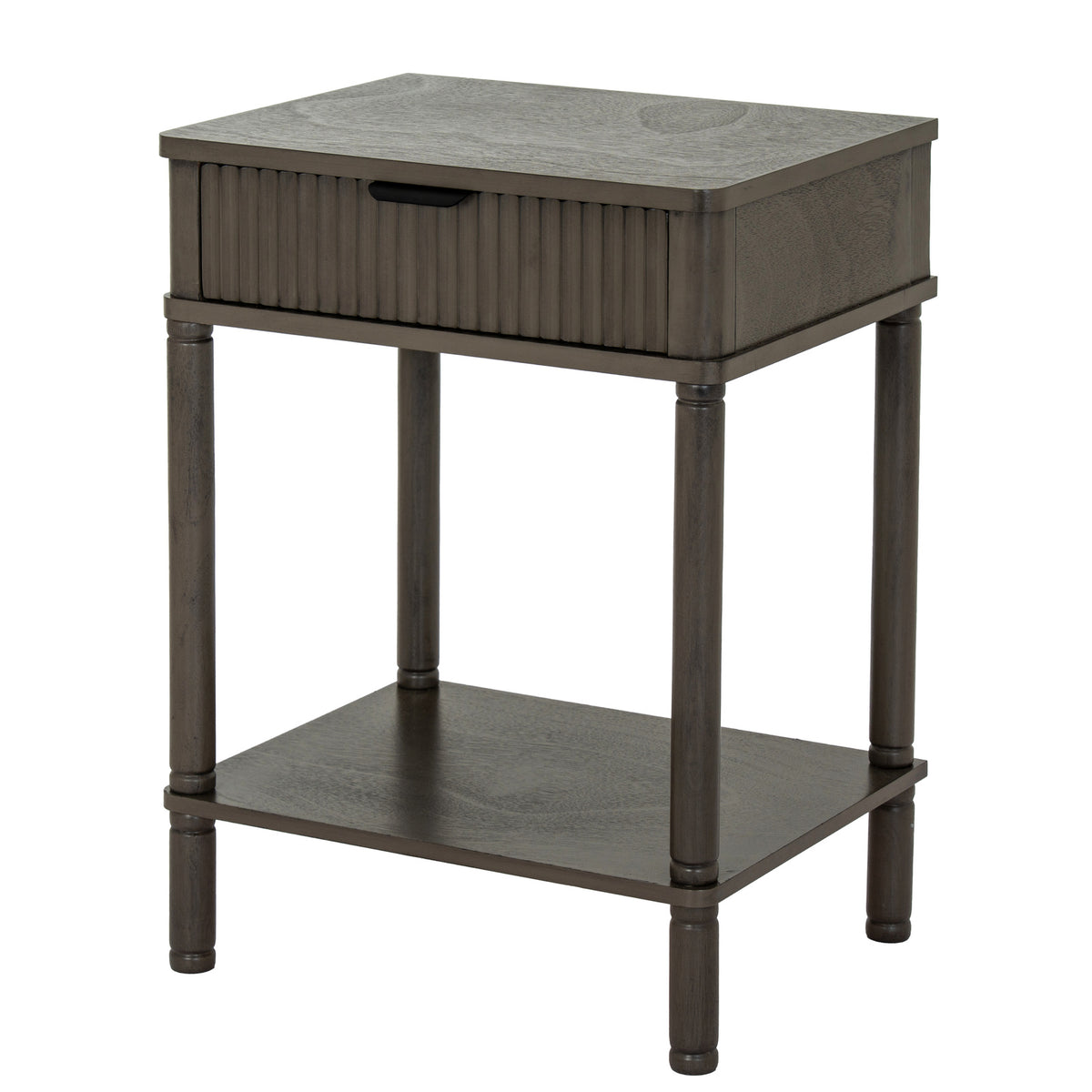 Reed collection one drawer side table with fluted drawer front and lower shelf, three-quarter view, 45 x 35 x 61 cm