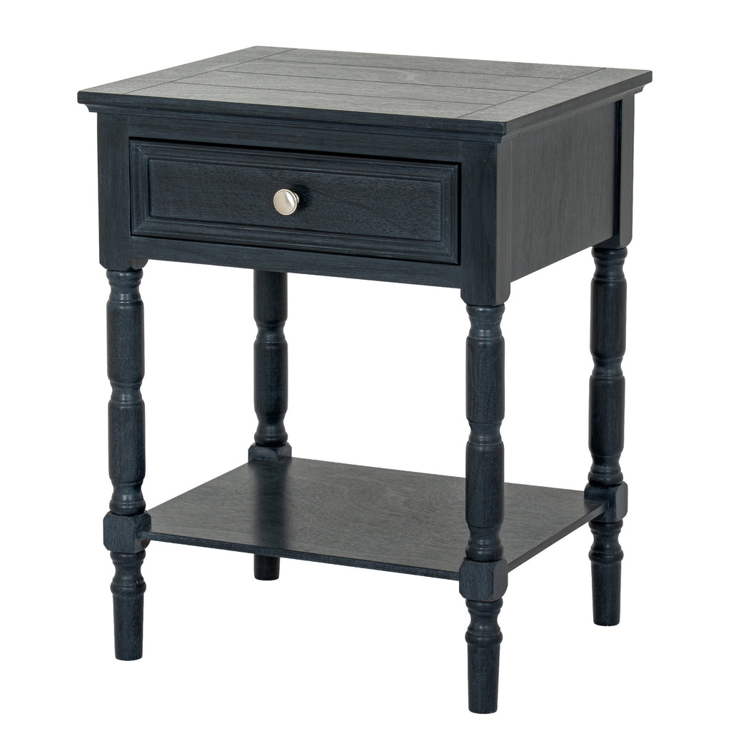 Fowey one drawer side table in dark painted finish with turned legs and lower shelf, three-quarter view, 48 x 40 x 61 cm