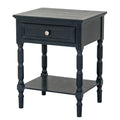 Fowey one drawer side table in dark painted finish with turned legs and lower shelf, three-quarter view, 48 x 40 x 61 cm
