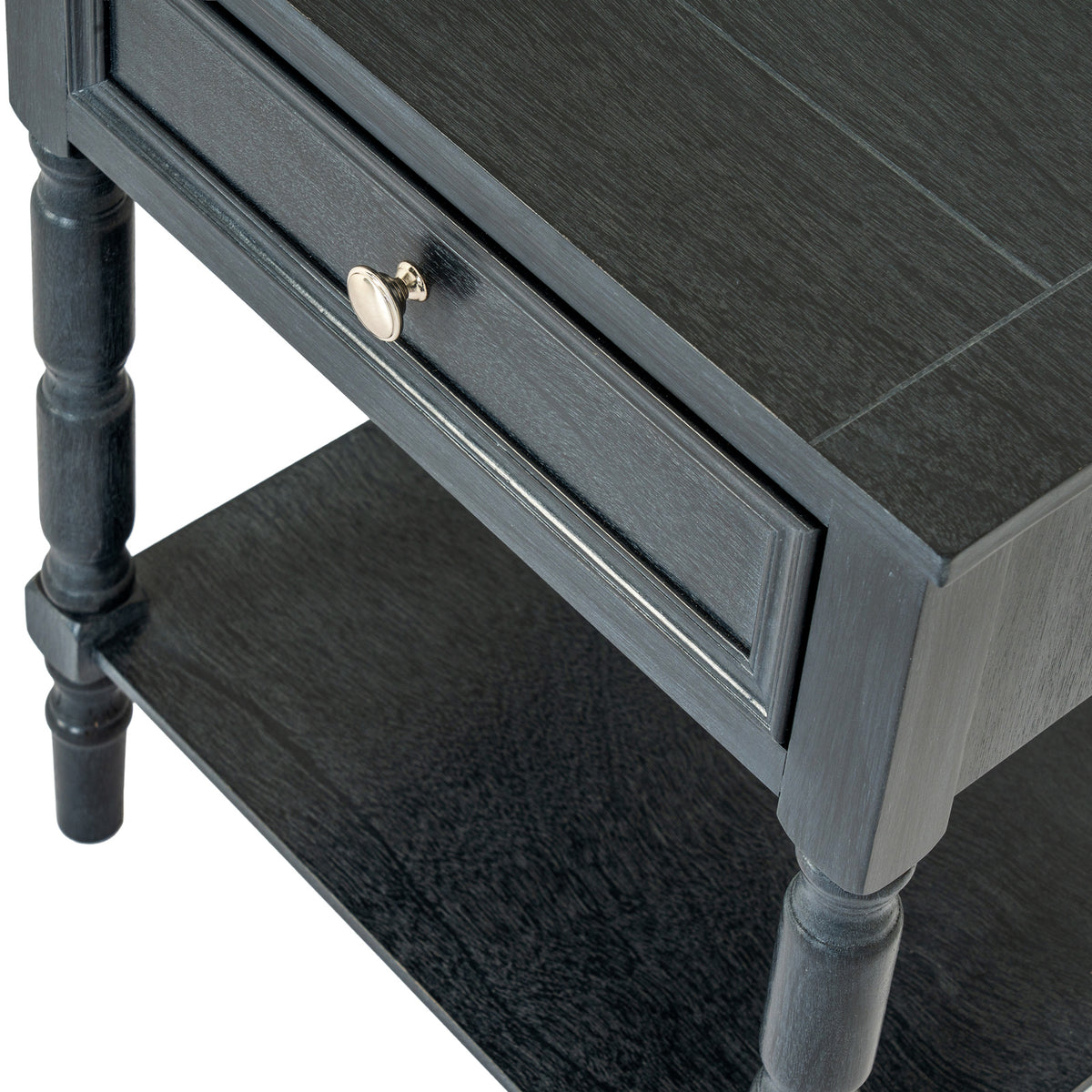 Close-up of the knob, drawer and turned leg of the Fowey side table