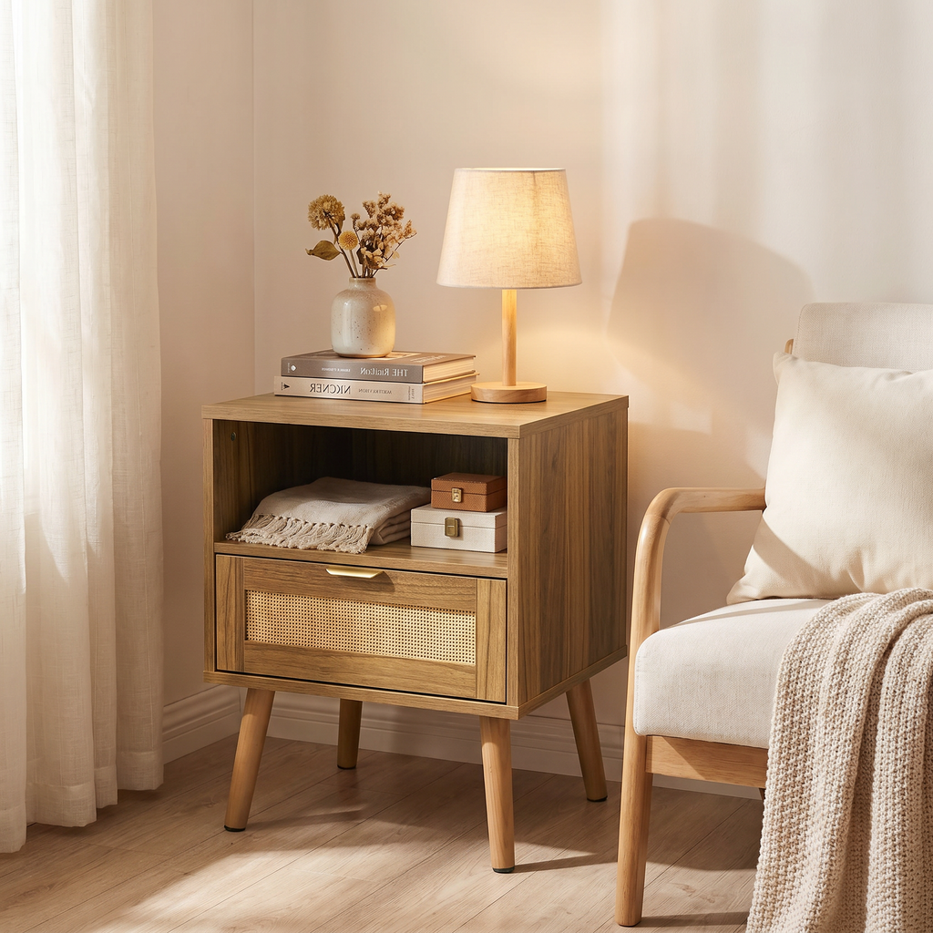 Walnut rattan bedside table by a chair with a lamp and books
