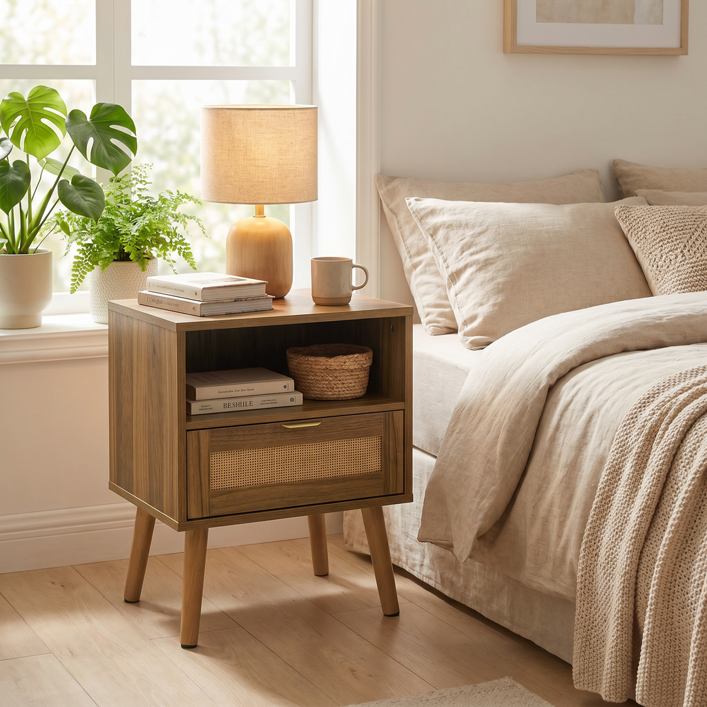 Walnut bedside table with rattan drawer beside a bed