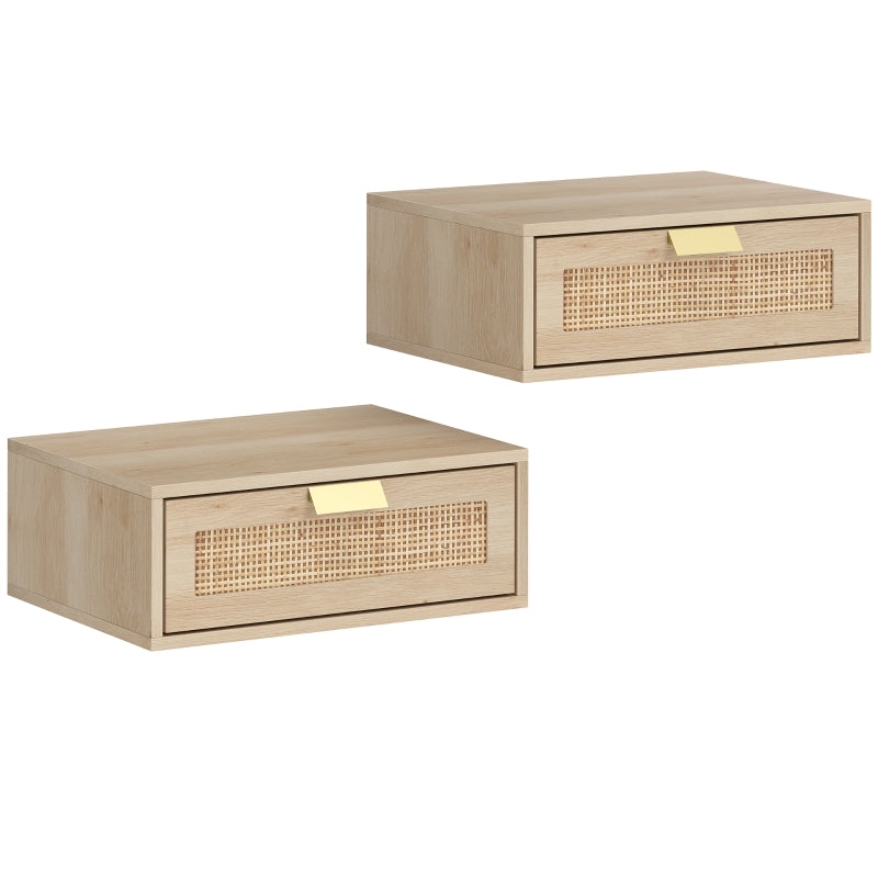 Set of two oak-effect floating bedside cabinets with rattan drawer fronts on a white background