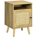 Natural wood bedside table with rattan door panel, open top shelf and tapered legs on a white background