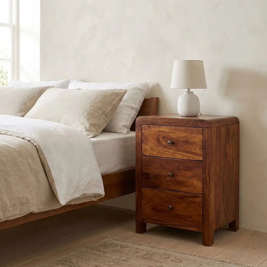 3 Drawer Bedside Table beside a bed with linen bedding, with a table lamp on top