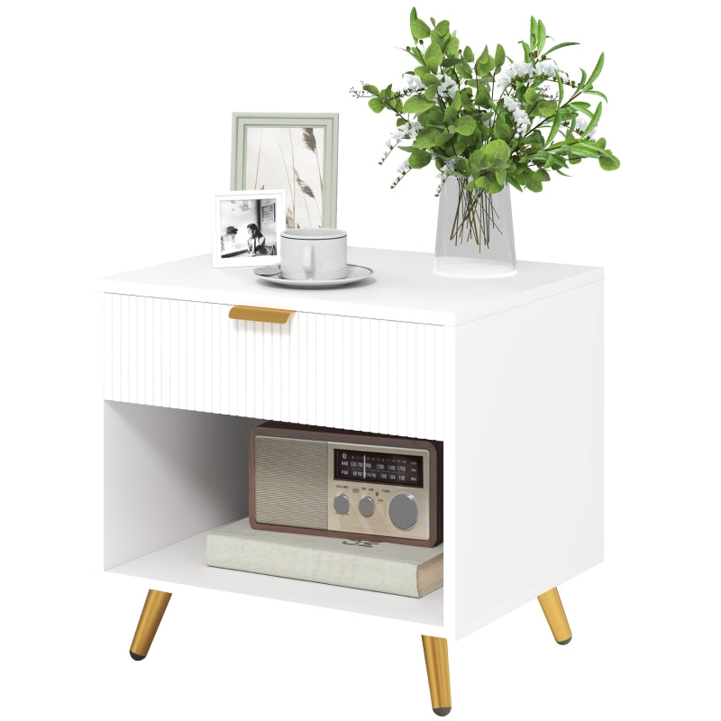 White bedside table with fluted drawer, open shelf and gold-tone legs