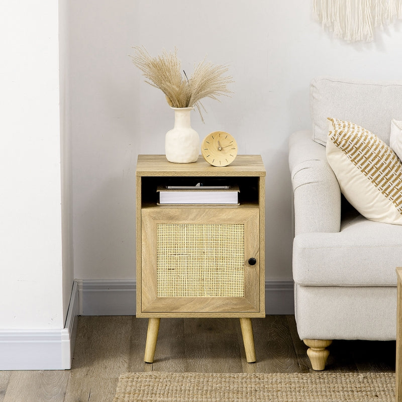 Bedside table with rattan cupboard door in a living room