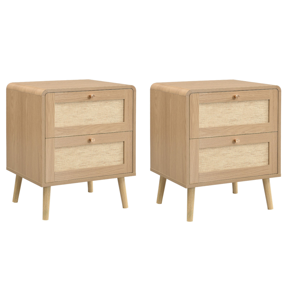 Set of two natural oak bedside tables with rattan-effect two-drawer fronts on a white background