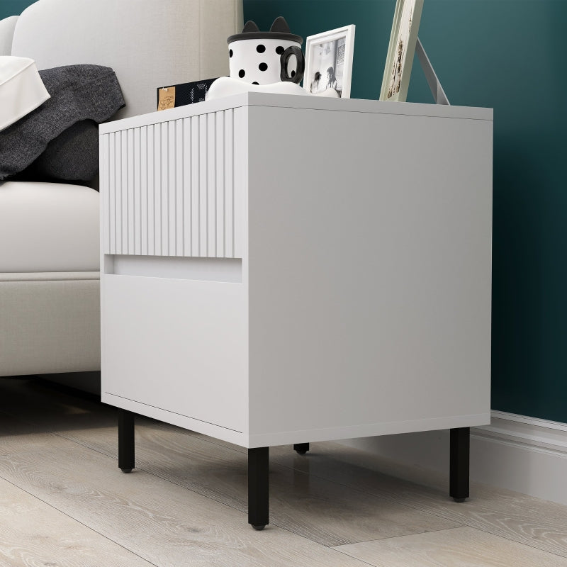 Close view of white bedside table with black legs