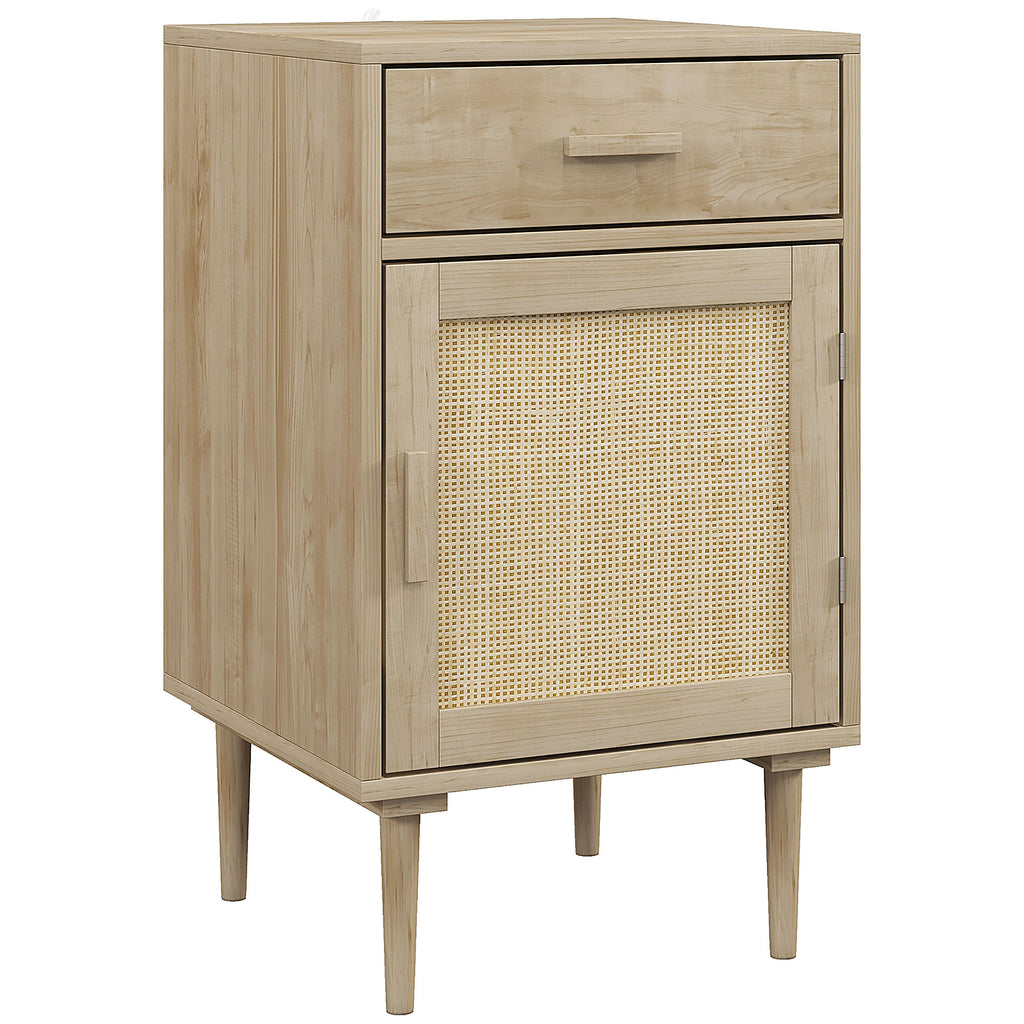 Natural wood bedside cabinet with top drawer, rattan door and tapered legs on a white background