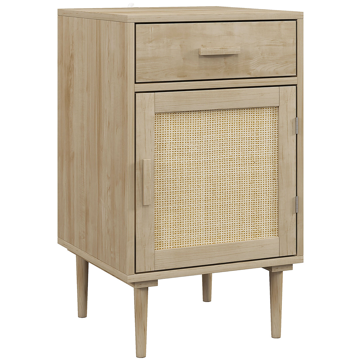 Natural wood bedside cabinet with top drawer, rattan door and tapered legs on a white background