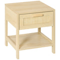 Square natural wood bedside table with a rattan-panel drawer and lower open shelf on a white background
