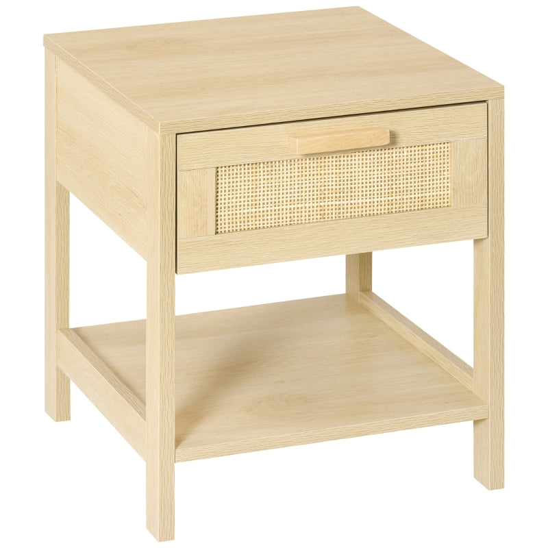 Square natural wood bedside table with a rattan-panel drawer and lower open shelf on a white background