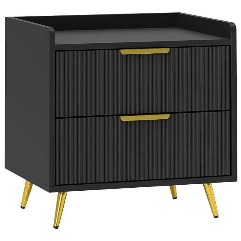 Black two-drawer bedside table with fluted fronts and gold-tone legs