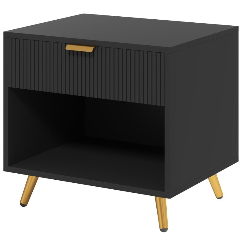 Black bedside table with fluted drawer, open shelf and gold-tone legs