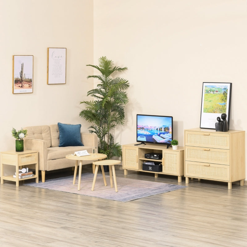 Rattan-drawer bedside table in a living room setting