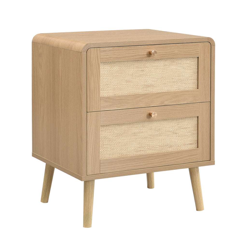 Natural oak two-drawer bedside table with rattan-effect fronts and raised legs on a white background