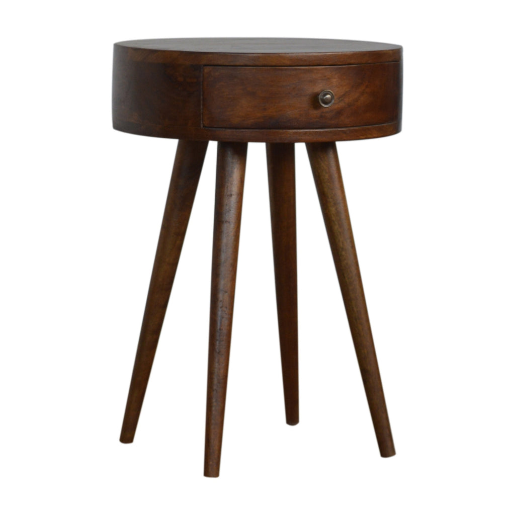 Nordic Chestnut circular bedside, slightly turned view with four tapered legs