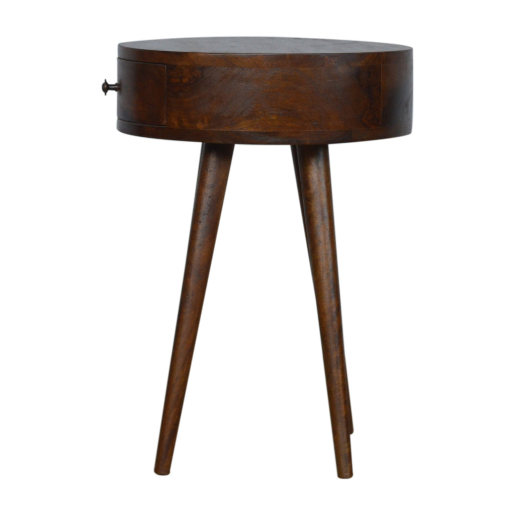 Side view of the Nordic Chestnut circular bedside with drawer knob