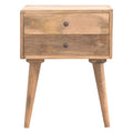 Oak-finish bedside table with two drawers and round knobs on four tapered legs, front view