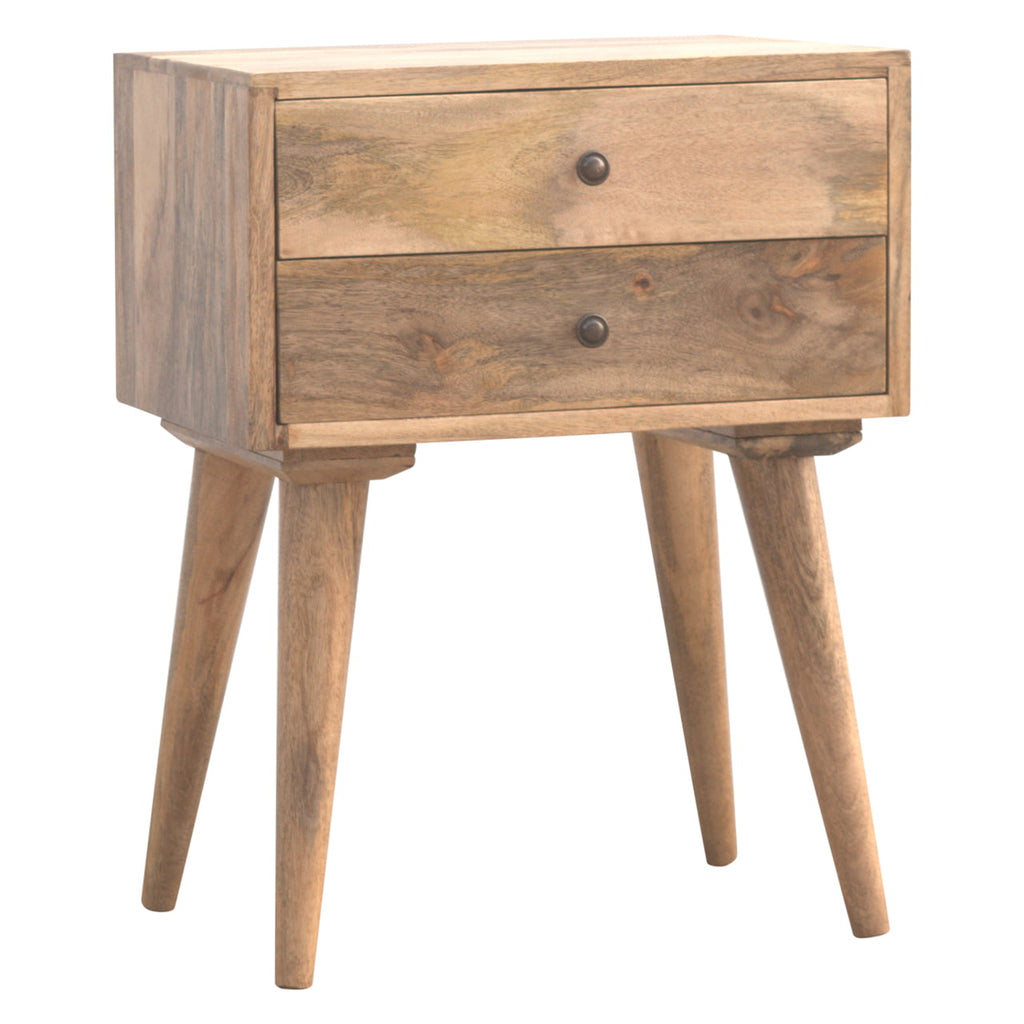 Oak-finish bedside table with two drawers, three-quarter view showing the side panel and four splayed legs