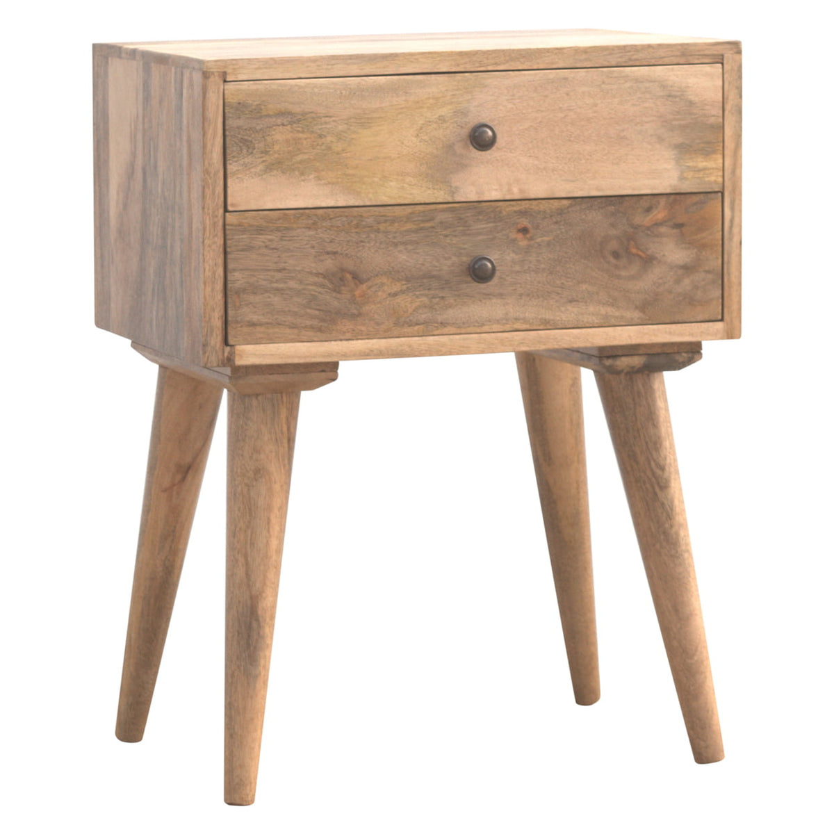 Oak-finish bedside table with two drawers, three-quarter view showing the side panel and four splayed legs