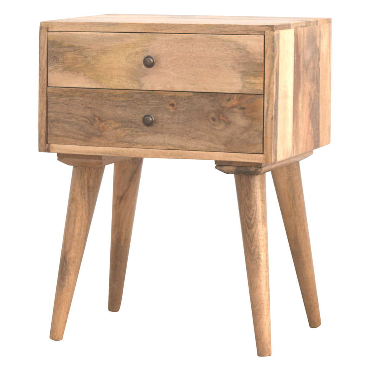 Oak-finish bedside table with two drawers, three-quarter view from the other side