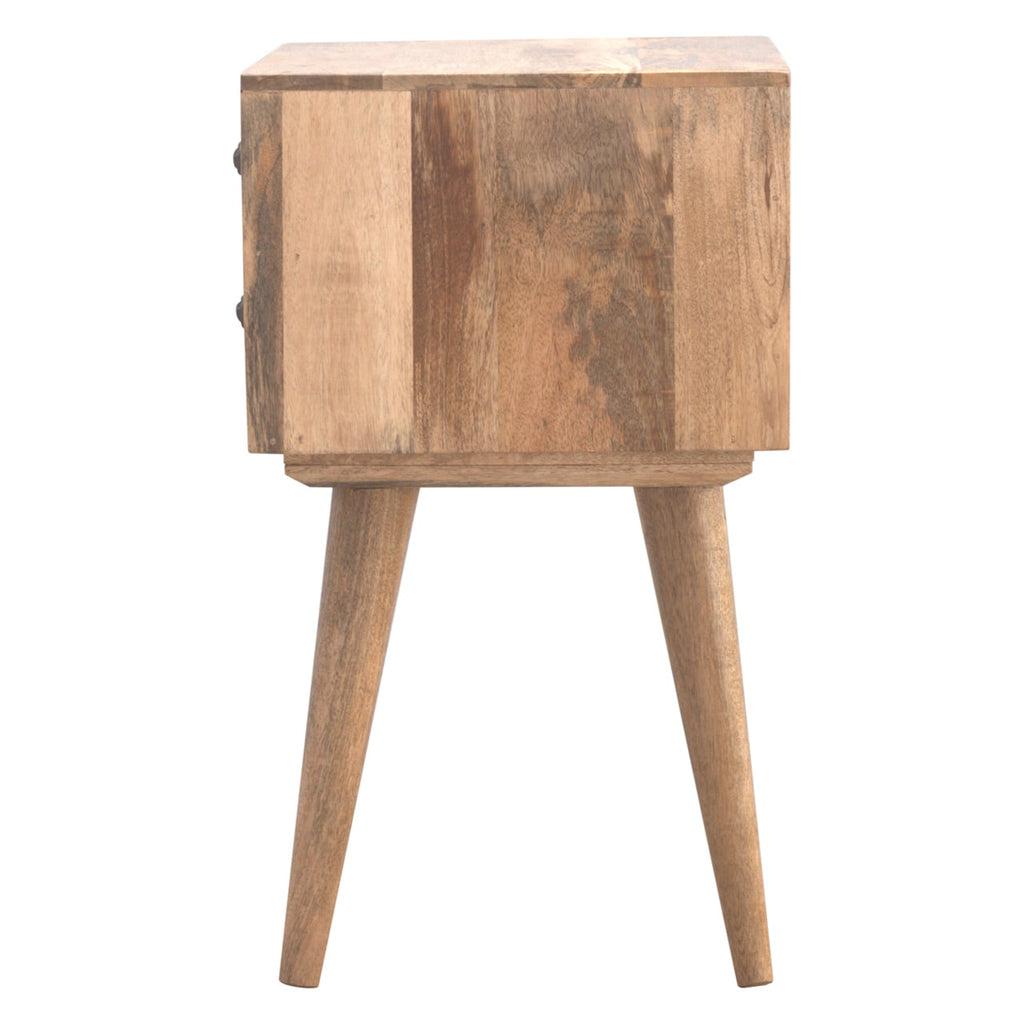 Side view of the oak-finish bedside table with tapered legs and the knobs visible at the edge