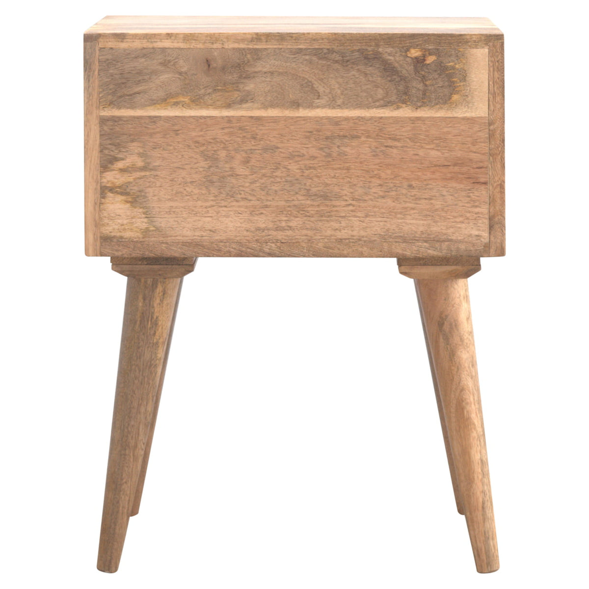 Back view of the oak-finish bedside table with plain back panel and tapered legs