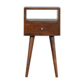 Chestnut bedside table with an open niche above one drawer, on four tapered legs, front view