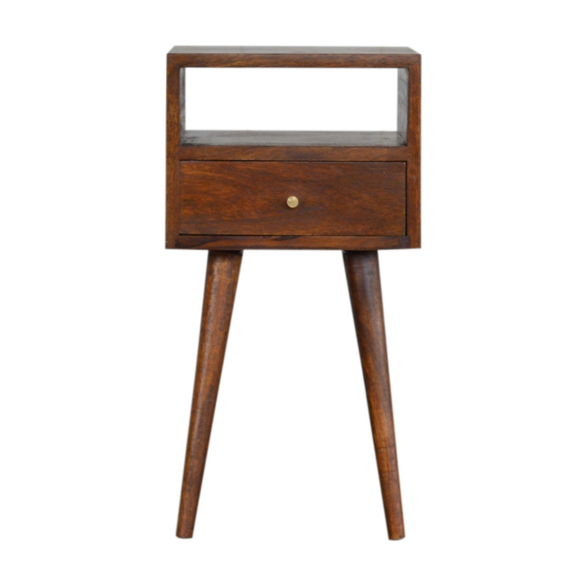 Chestnut bedside table with an open niche above one drawer, on four tapered legs, front view