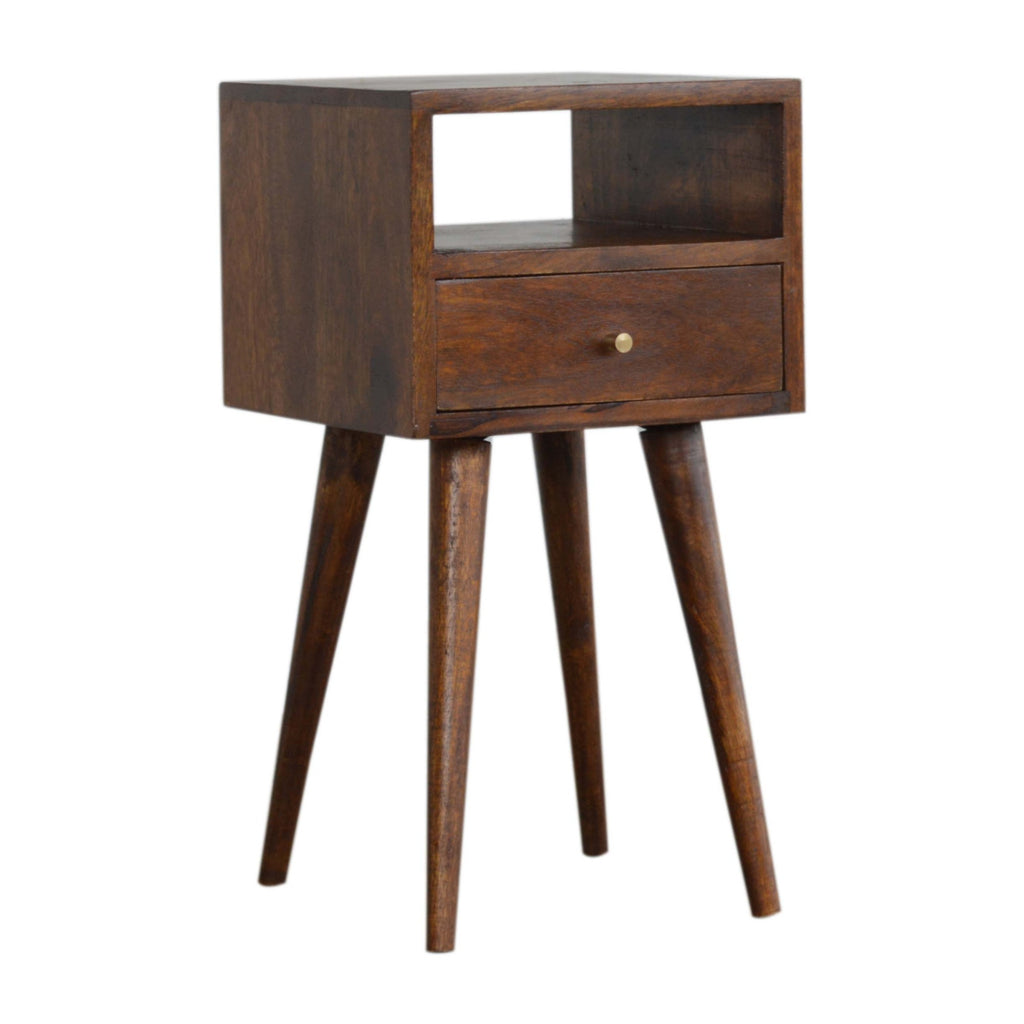 Chestnut bedside table, three-quarter view showing the side panel, open niche, drawer and four splayed legs