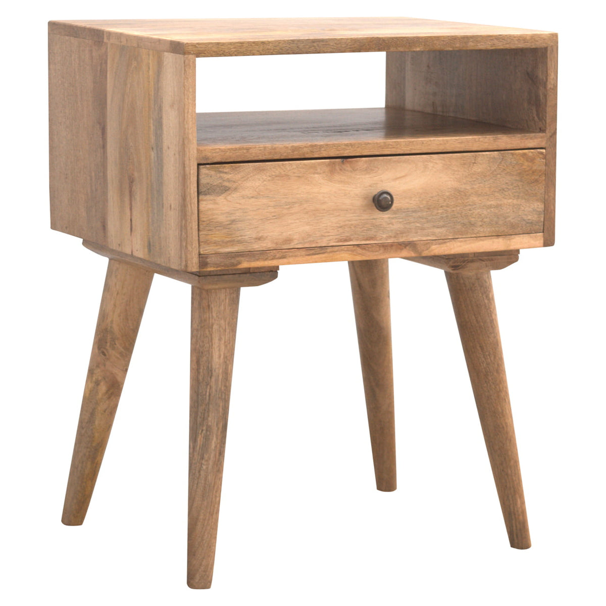 Oak-finish bedside table, three-quarter view showing the side panel, open niche, drawer and four splayed legs