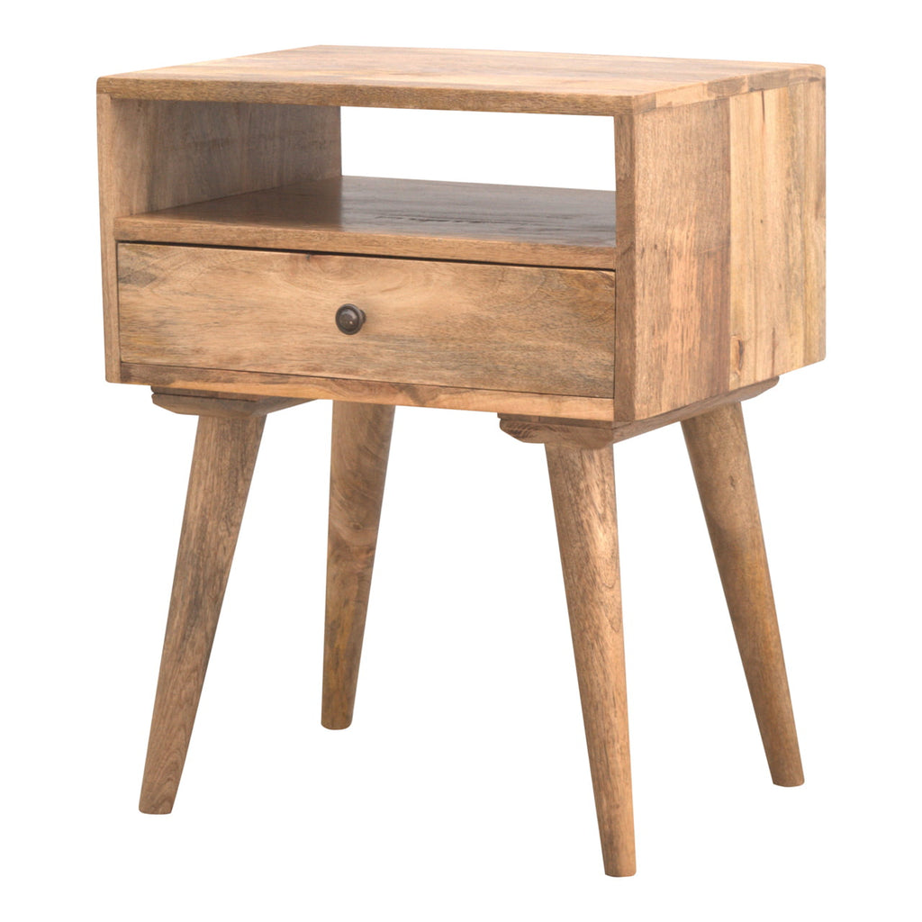 Oak-finish bedside table, three-quarter view from the other side