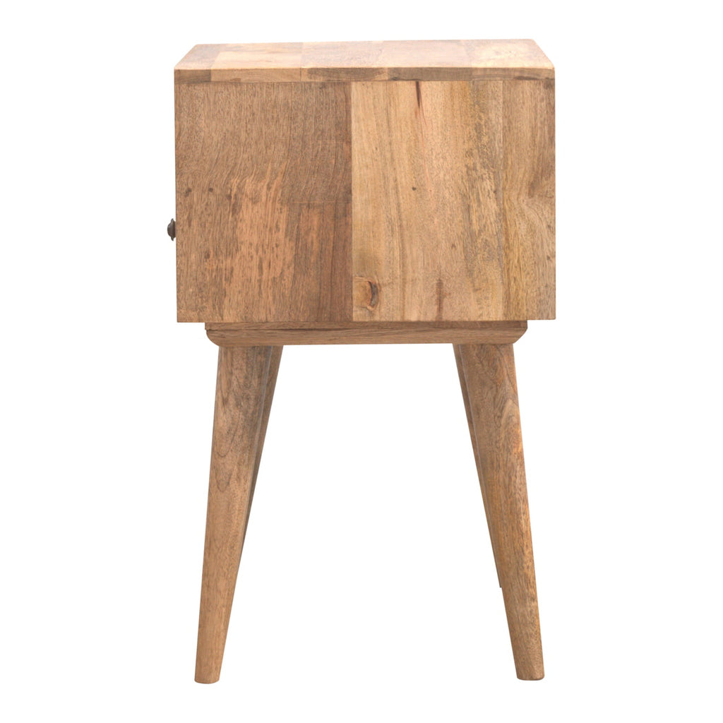 Side view of the oak-finish bedside table with two tapered legs and the drawer knob at the edge