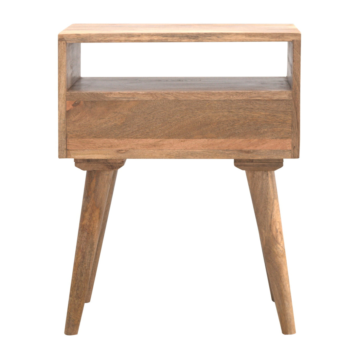 Back view of the oak-finish bedside table with plain back under the open niche