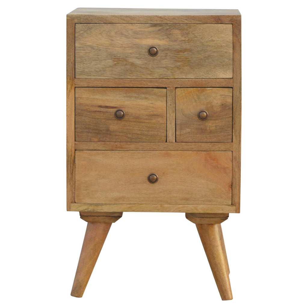Nordic style 4 drawer bedside table in oak-ish finish, front view, 36 x 30 x 60 cm