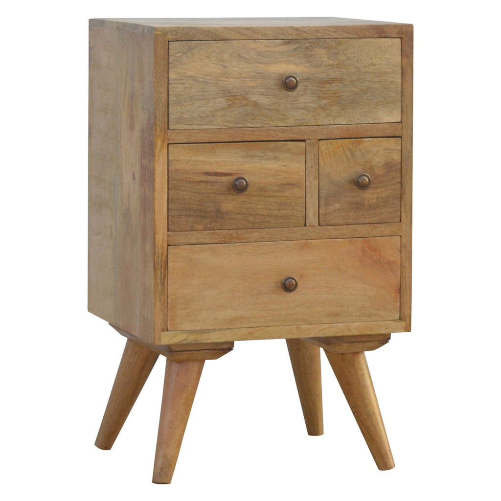 Nordic 4 drawer bedside table, three-quarter view from the left