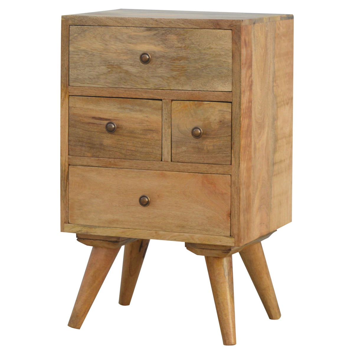 Nordic 4 drawer bedside table, three-quarter view from the right