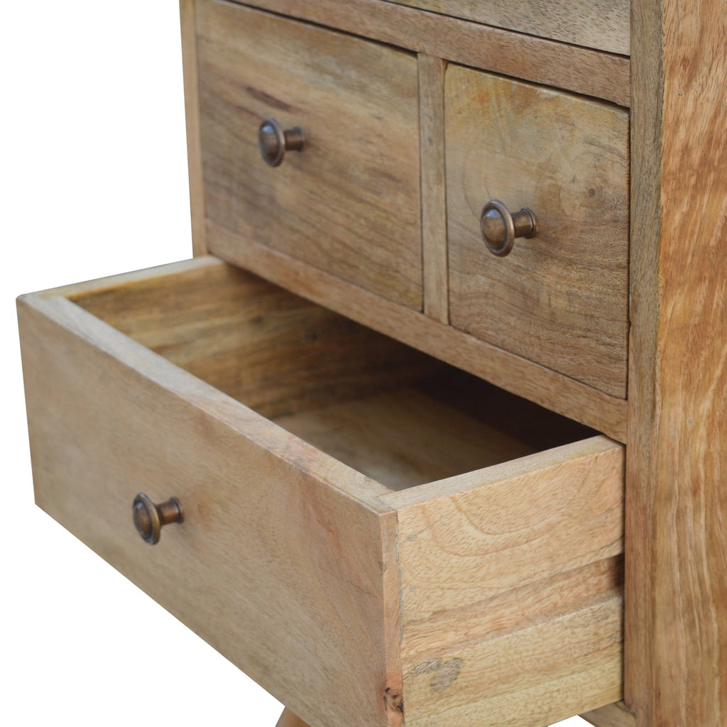 Drawer pulled open showing the mango wood drawer box
