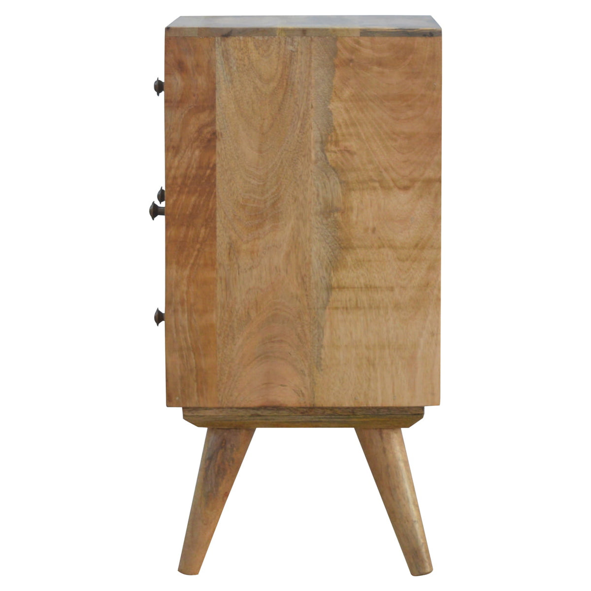 Side panel of the Nordic 4 drawer bedside, mango wood grain